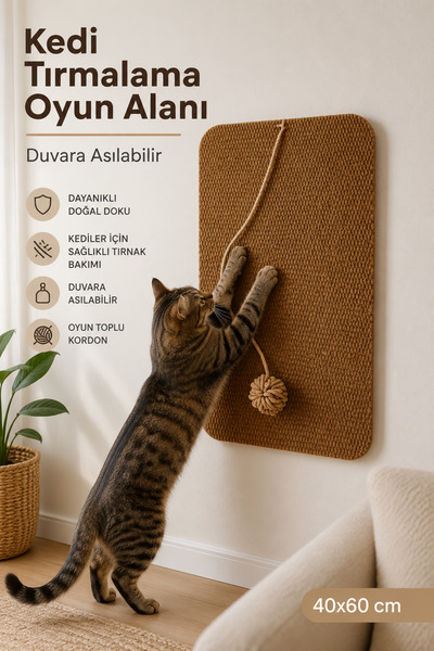 MİNUZ Duvara Yapışan Oyuncaklı Kedi Tırmalama Halısı ve Oyun Alanı 40x60 cm
