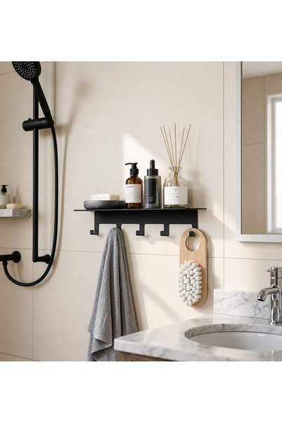 Güneş Krom Dekorasyon Gkd Metal Bathroom Shelf 5-Hook Wall Shelf Organizer Decorative Shelf Black Stainless Wall Shelf Towel Holder Bathroom Kitchen Multi-Purpose Shelf