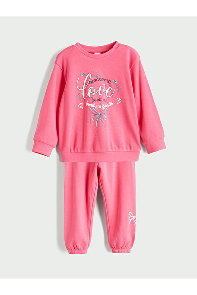 LC Waikiki Crew Neck Printed Girls Sweatshirt and Tracksuit Bottom 2-Pack