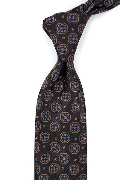 Kravatkolik Brown Motif Pattern Classic Tie with Handkerchief Kk13950