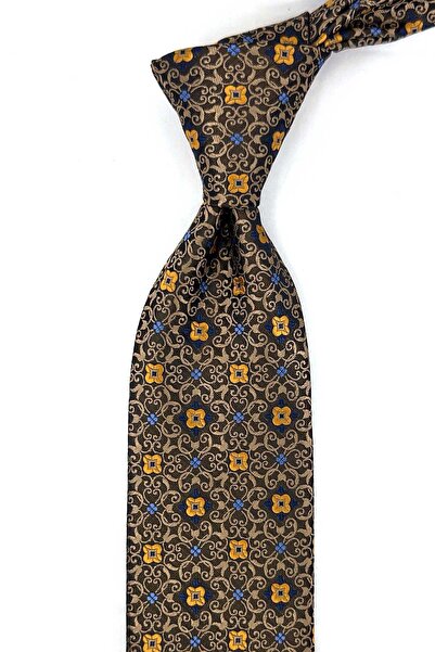 Kravatkolik Beige Brown Motif Pattern Classic Tie with Handkerchief Kk13925