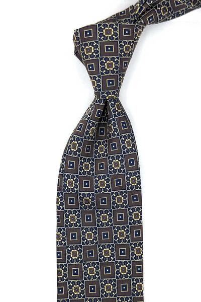 Kravatkolik Coffee Navy Blue Motif Pattern Classic Tie with Handkerchief Kk13953