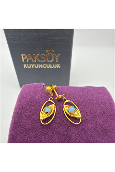 paksoy kuyumculuk Nazar Mineli Yıldız Vidalı Sarkıntılı Altın Çocuk Küpesi 22...