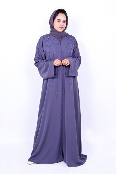Izzah Bella Elegant Dusty Purple Embroidered Abaya with Geometric Lattice Det...