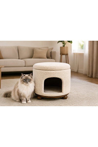 ARDELYA 3’ü 1 Arada Kedi Evi Puf | Depolama Alanlı | Bukle Kumaş | Yıkanabili...
