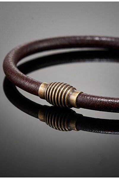 Solfera Brown 4mm Thin Genuine Leather Oval Magnetic Clip Men's Bracelet M066C