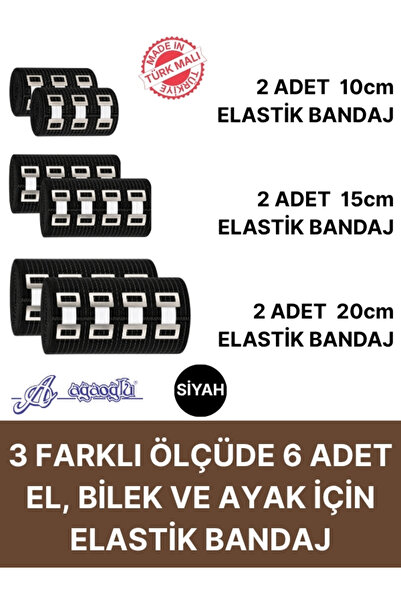 Ağaoğlu Elastik Bandaj Seti 6’lı (2x10cm-2x15cm-2x20cm) 24 Klipsli 4,5 Metrey...