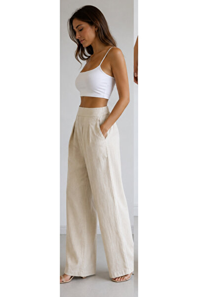 SELDAĞ MODA Linen Pants with Pockets and Elastic Waist at the Back