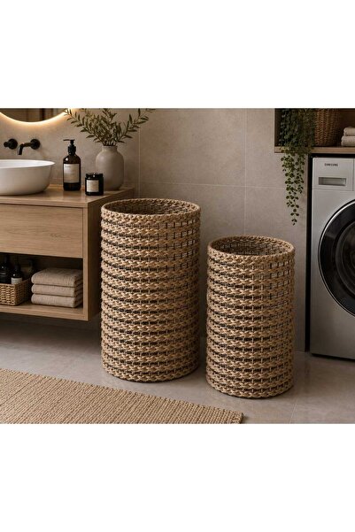 Egindra hasır örgü büyük ve orta boy el yapımı jüt halat 2li çamaşır sepeti