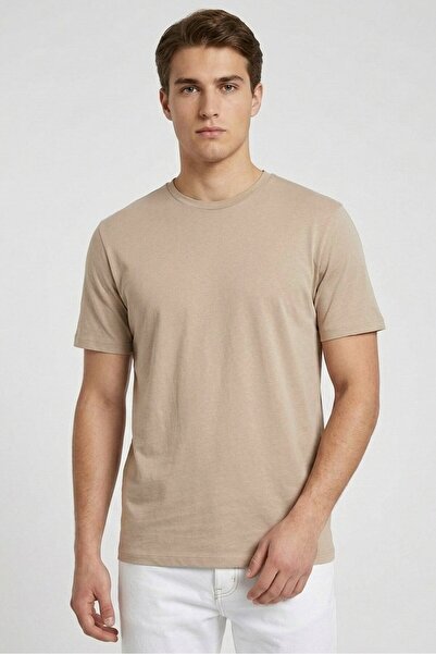 ALCOTT Men Crew Neck Short Sleeve Solid T-Shirt, Beige
