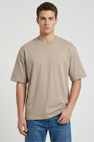 ALCOTT Men Crew Neck Short Sleeve Solid T-Shirt, Beige