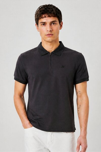 JASON WU Men Classic Fit Embroidered Logo Short Sleeve Polo Shirt, Dark Grey
