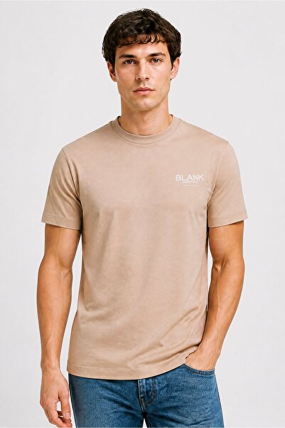 BLANK ESSENTIALS Men Crew Neck Short Sleeve Brand Logo T-Shirt, Light Tan