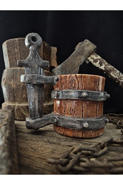 yammart El Yapımı Viking Bira Kupası | Balta Kulplu Seramik Kupa | Kılıç Kulp...