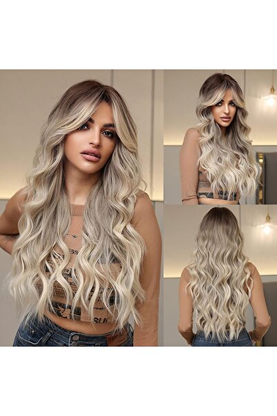 STARSTAR 26-inch synthetic hair, long wavy layered wig, gray-gold gradient, h...