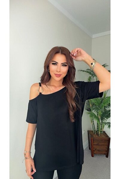 Şeker Portakalım Women's short sleeve one shoulder strap buckle detailed visc...