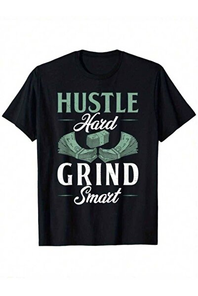 4Car قميص قطني للرجال بتصميم "Hustle Hard Grind" - أسود مع رسومات خضراء، ياقة...
