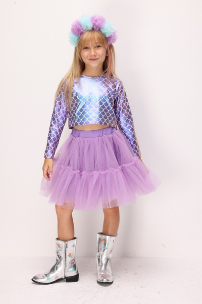 Le Mabelle Lilac Long Sleeve Mermaid Patterned Girls' Crop Skirt Set - Fragile