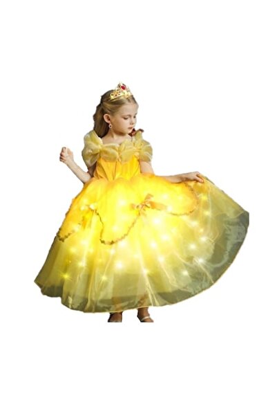 Funny Party Shop Costum de fată Belle, rochie cu lumini, mănuși, baghetă și c...