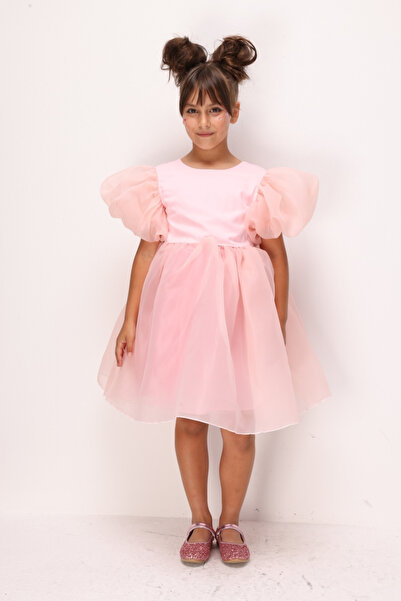 Le Mabelle Pink Balloon Sleeve Girls' Satin Dress - Dona