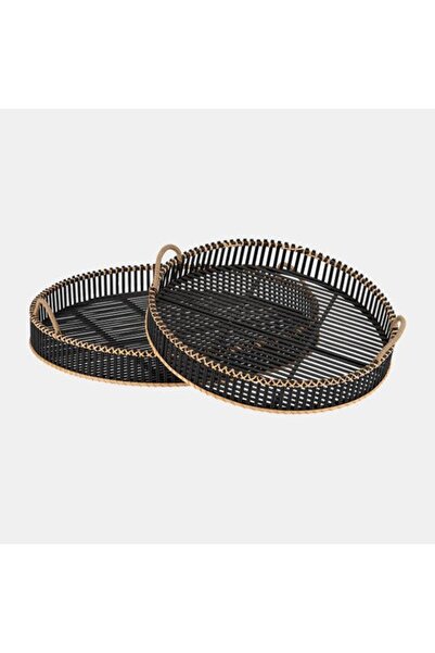 Sagebrook Home S/2 BAMBOO 24/30" ROUND TRAYS, BLACK