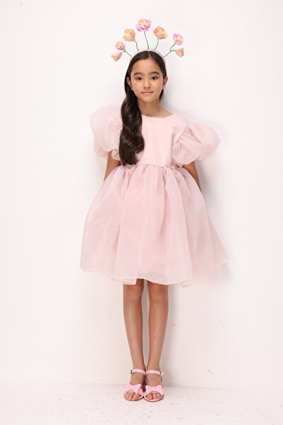 Le Mabelle Powder Balloon Sleeves Girls' Satin Dress - Dona