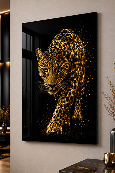 Siyah Altın Leopar Figürlü Dekoratif Cam Tablo 50 x 70 cm