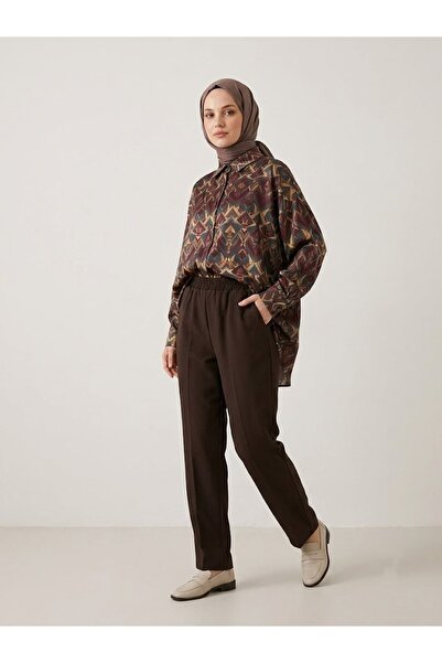 Foremia Waist Elastic Straight Leg Trousers-Brown