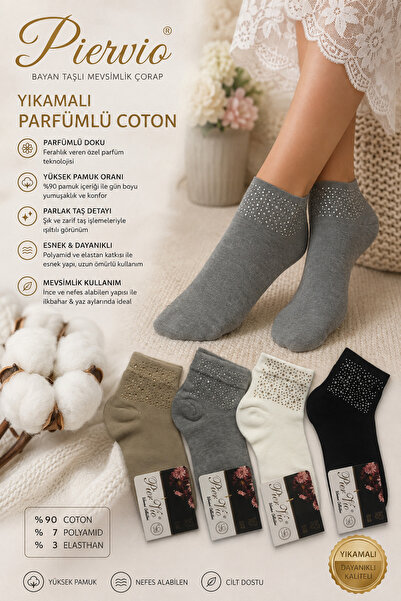 LOF Pier Vio Premium Kadın Pamuklu Taşlı Soket Çorap – Parfümlü, Nefes Alan K...