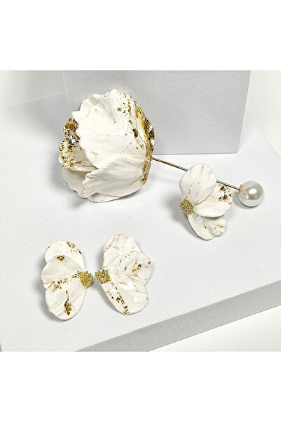 NARRU Set Cercei, Brosa si Inel Doria, lucrate manual, model floral, alb si a...