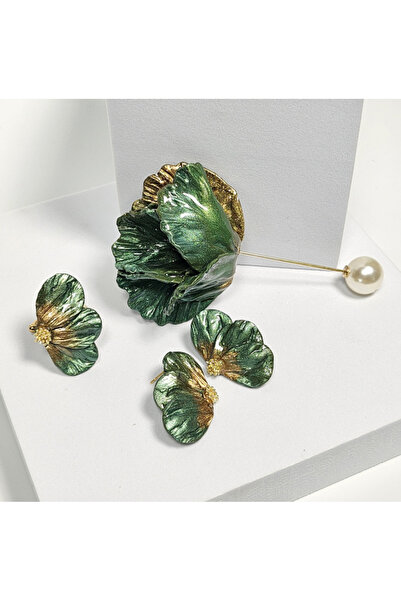 NARRU Set Cercei, Brosa si Inel Doria, lucrate manual, model floral, verde si...