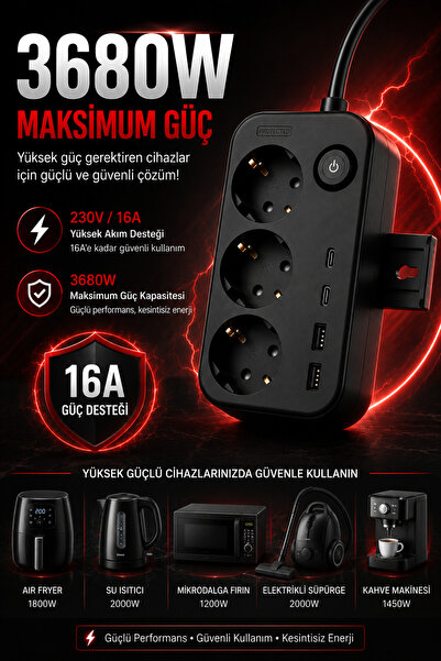 Merwish Akım Korumalı 3'lü Topraklı Priz 2 USB-A 2 Type-C 3680W 16A Anahtarlı Duvara Monte Edilebilir Çoçuk Korumalı