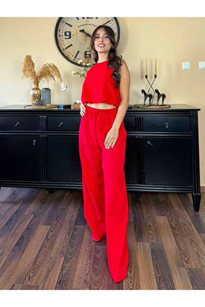Kırmızı Crop Bluz Pantolon Takım