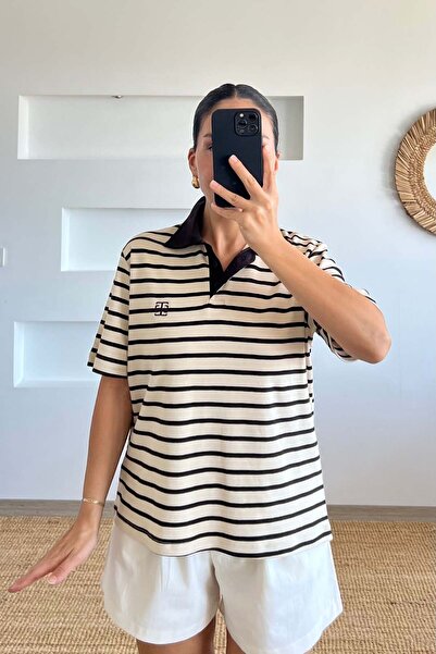 butikhola Brown Striped Polo Collar Tshirt