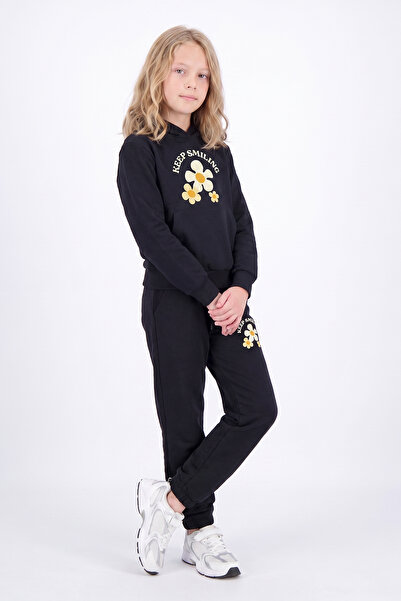 FYK KİDS Girl's Printed Kangaroo Pocket Hooded Tracksuit Set