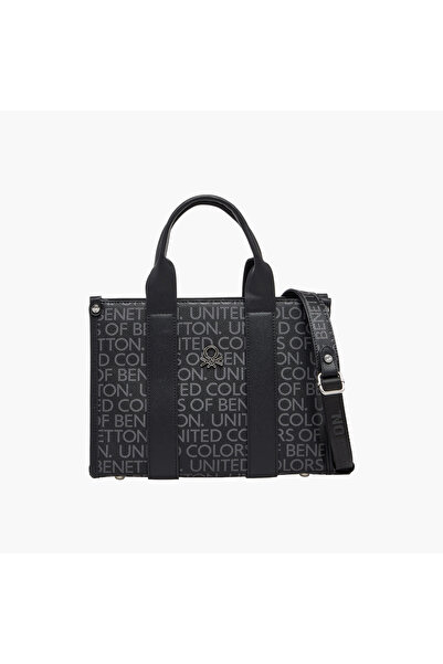 United Colors of Benetton Typography Print Tote Bag with Zip Closure