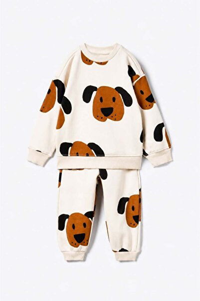 Monila Boy's Ecru Dog Printed 3 Thread Fabric Tracksuit Set