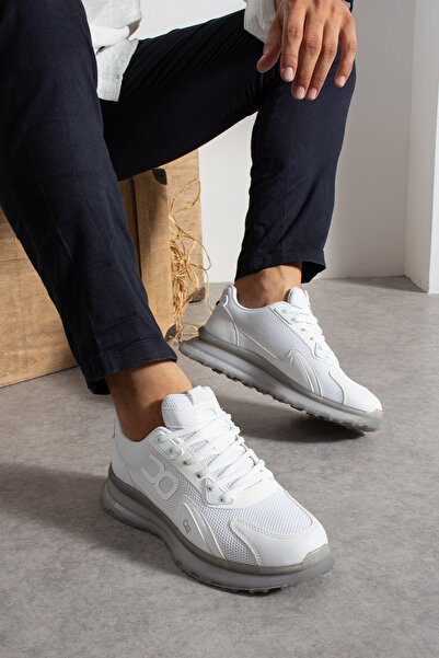 APOLLON Erkek Beyaz Bağcıklı Kalın Taban Triko File Detaylı Casual Sneaker Spor Ayakkabı