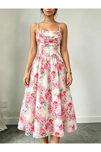 Take Two By Styli Pink Floral Print Square Neck Midi Dress