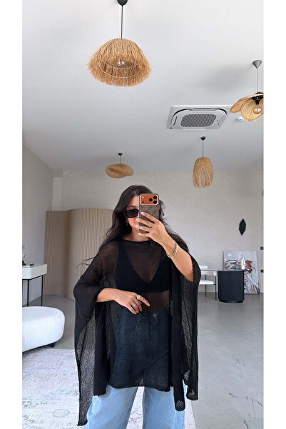 Buket Teke Black Plain Thin Knitwear Poncho