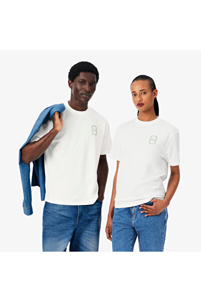 Lacoste Unisex Classic Fit Bisiklet Yaka Baskılı Beyaz T-Shirt