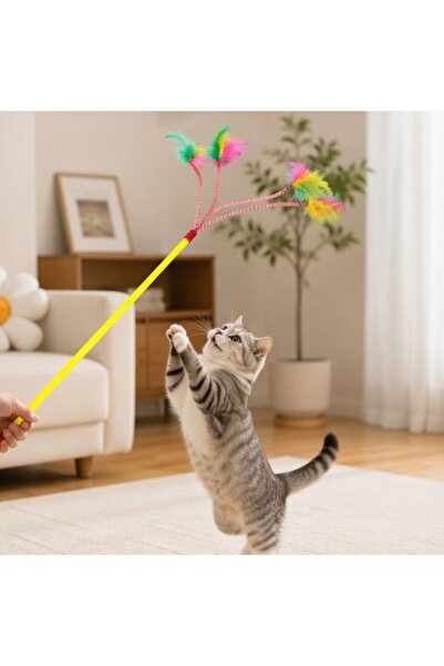 idei Multicolored feather play stick with four branches for cats, funny play ...
