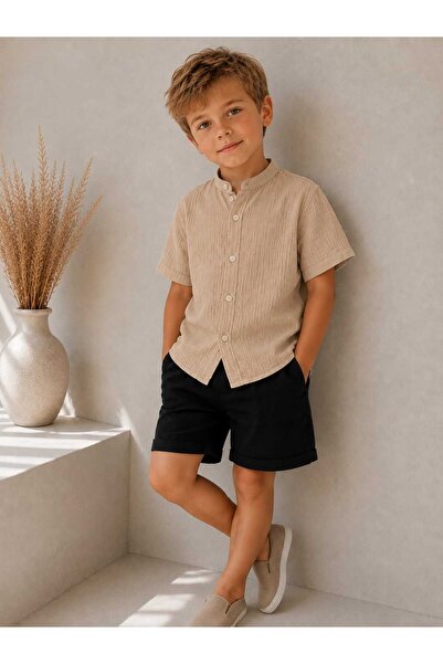 BEBEĞİME ÇORAP Organic Muslin Boys' Short Sleeve Court Collar Bohemian Shirt