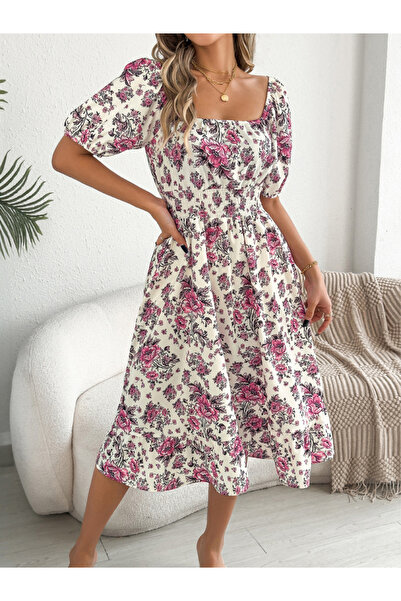 Take Two By Styli Off White Floral Square Neck A-Line Midi Dress