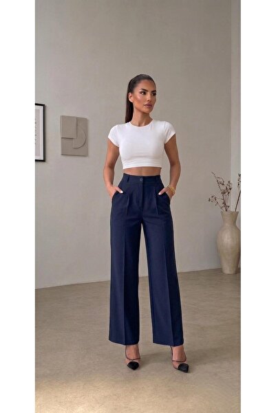 mecea prime Women's Black Lycra Button Detailed Pleated Palazzo Trousers High...