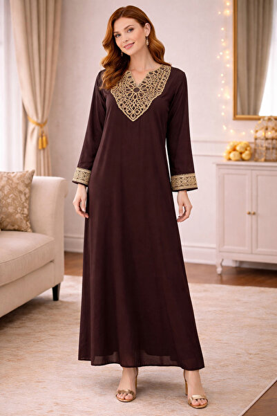 Artemea By Styli جلابية احتفالية بلون خمري مع ياقة مطرزة