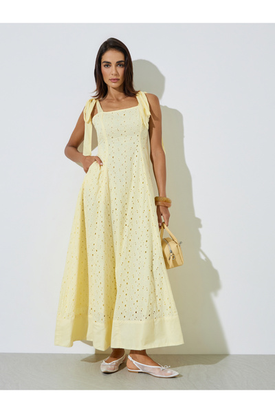 Styli Yellow Cotton Schiffli A-Line Maxi Dress with Tie-Strap