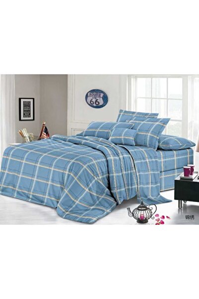 By Rozane Lenjerie de pat 4 piese din finet – model carouri bleu clasic – H789