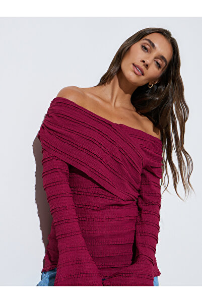 Styli Burgundy Ruffled Long Sleeve Crisscross Blouse