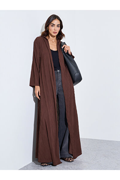 Amirah By Styli Brown Hooded Textured Open Front Abaya
